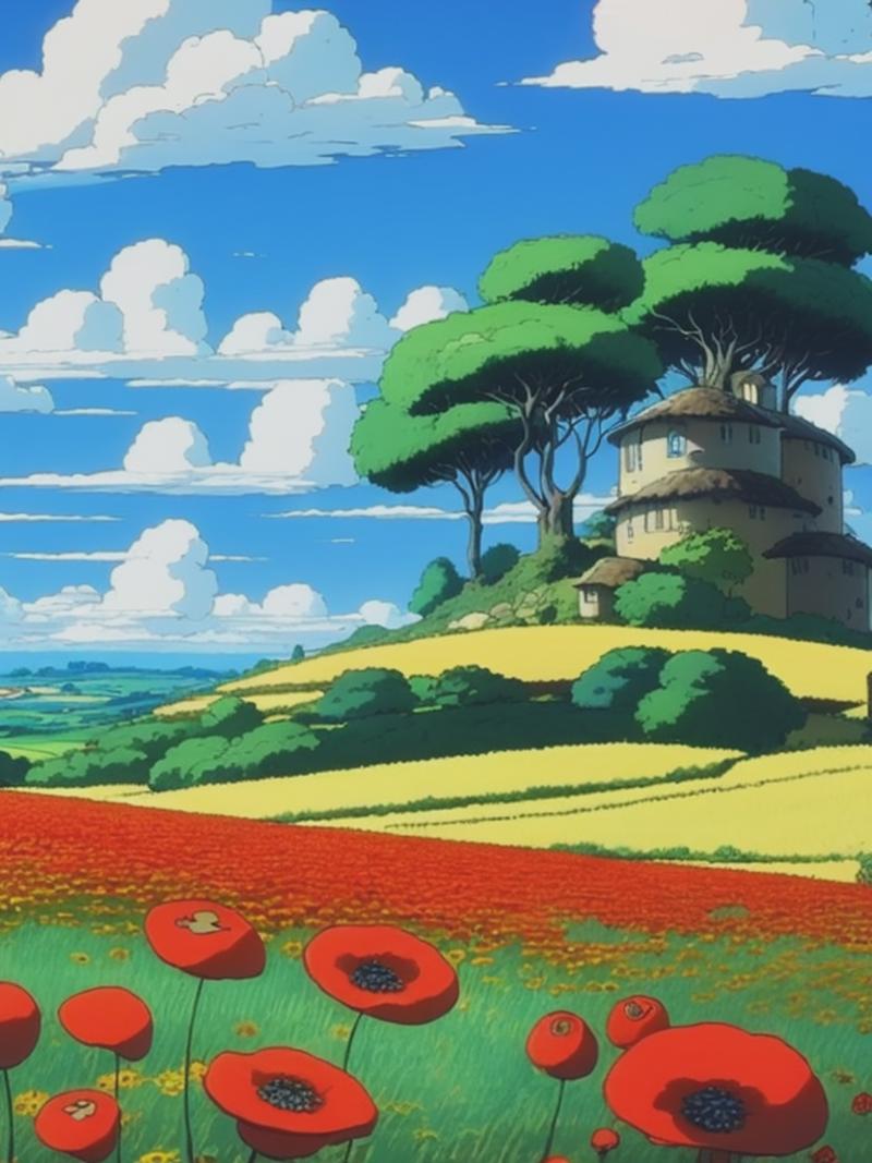 08329-2498561823-DVD screengrab from studio ghibli movie, beautiful countryside with poppies in the foreground, clouds on blue sky, designed by H.png